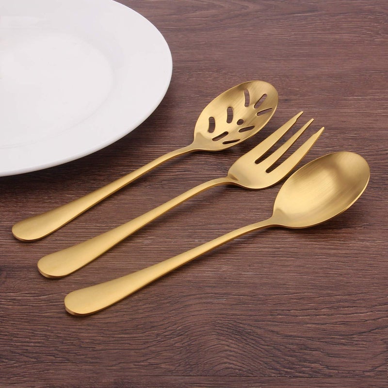 sharecook Matte Gold Serving Setï¼ŒSHARECOOK 5-Piece 18/0 Stainless Steel Large Hostess Set with Round Edge, Satin Finished, Dishwasher Safe -Spoons, Forks,Butter Knife& Slotted Spoon - Image 5